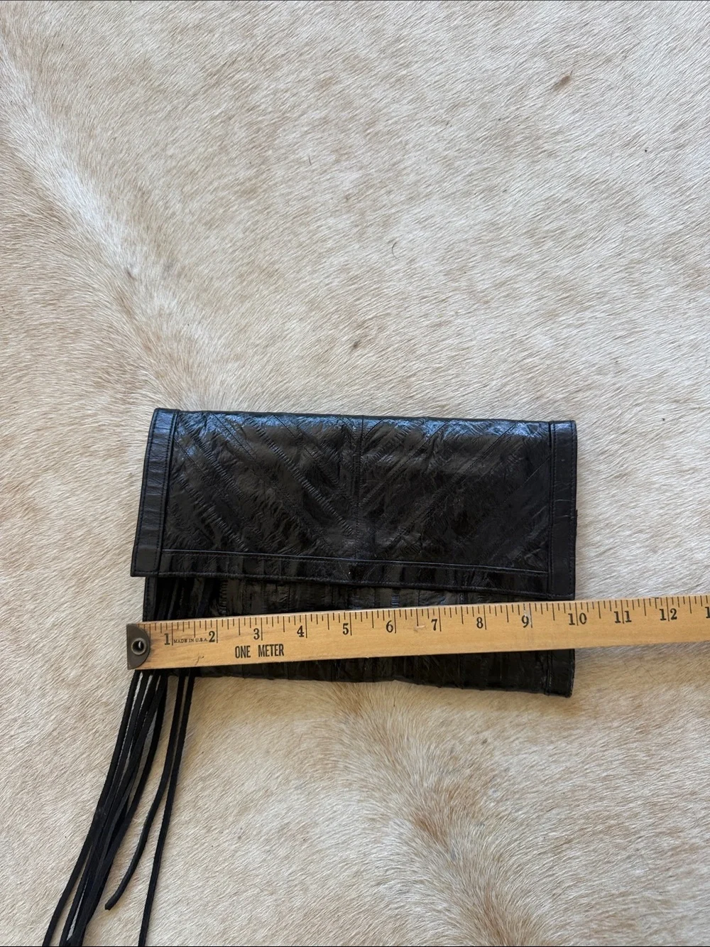 Vintage Genuine Eel Skin Black Leather Fringe Clutch Purse Korea